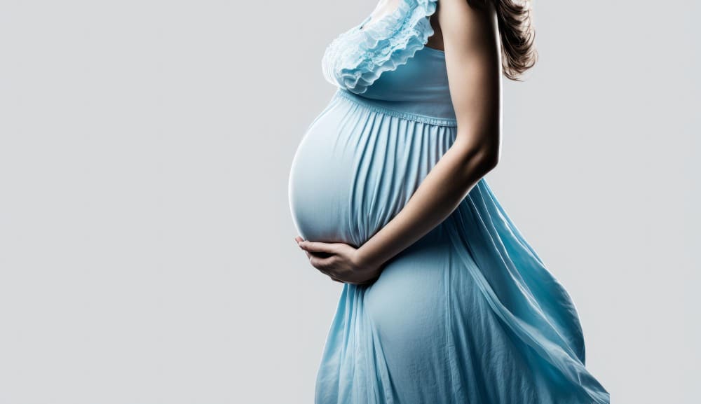 illustration-pregnant-woman-elegant-blue-dress-touching-belly-while-standing-gray-background-ai-generated